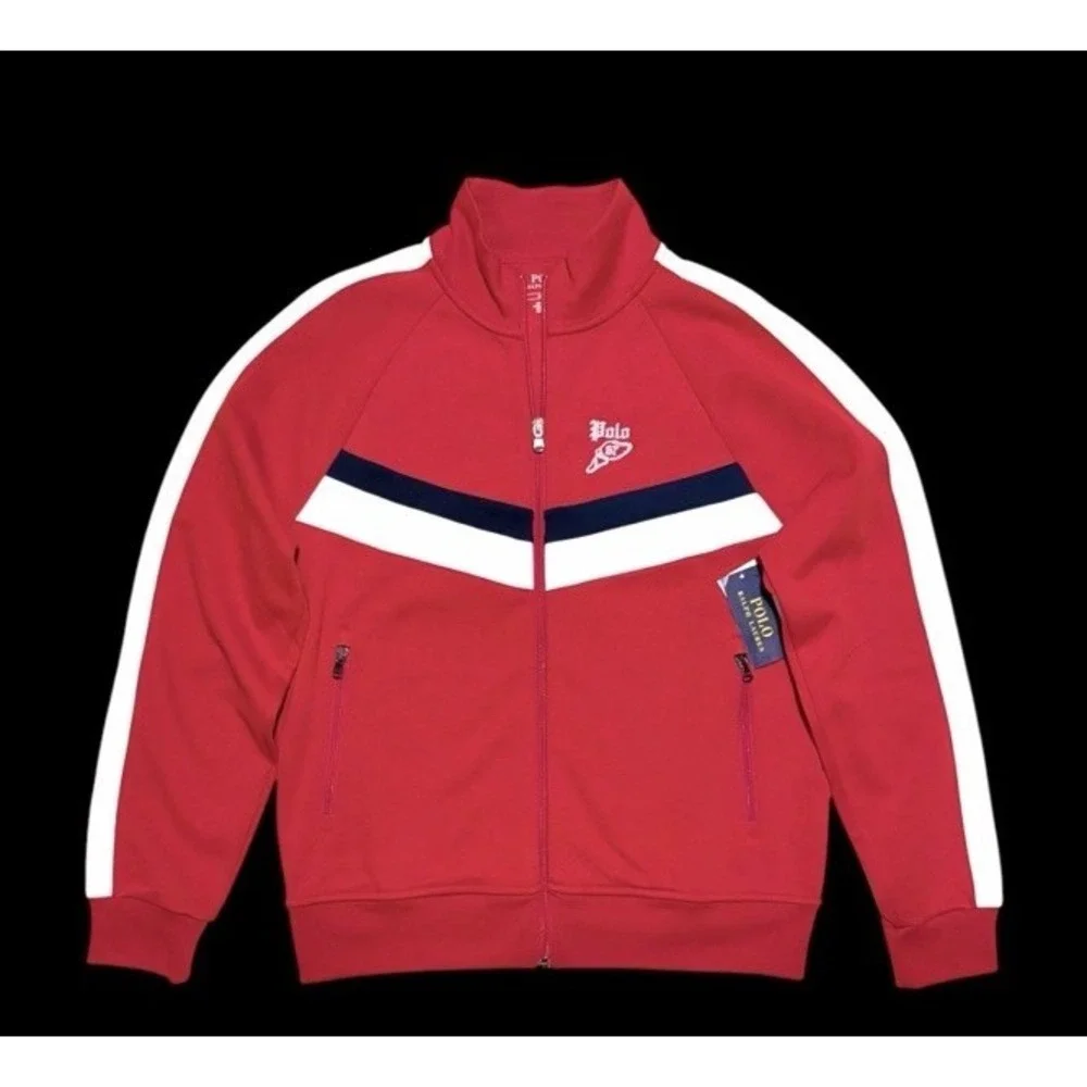 NWT Polo Ralph Lauren Mens L Double Knit Track Jacket Red Winged Foot Logo Zip